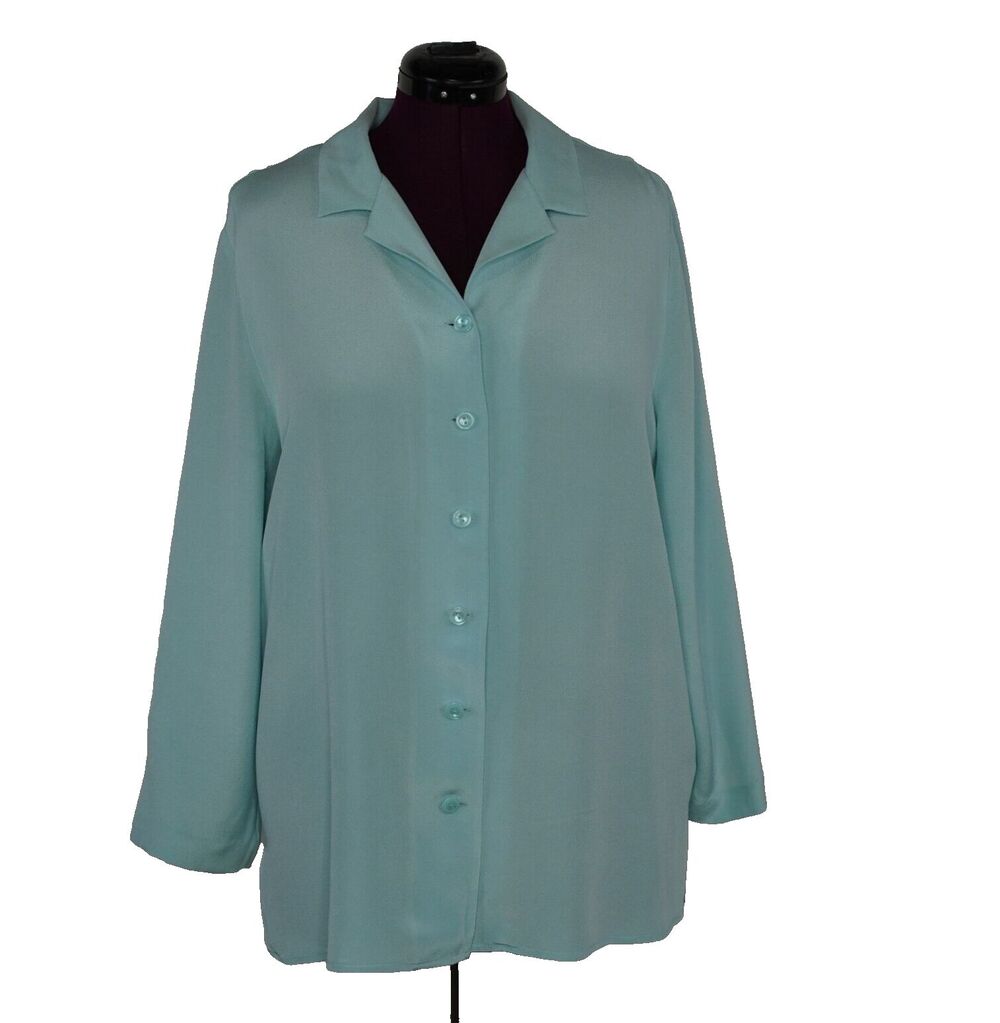August Max Silk Blouse 4X Powder Blue Long Sleeve Drawstring Jacket Minimalist